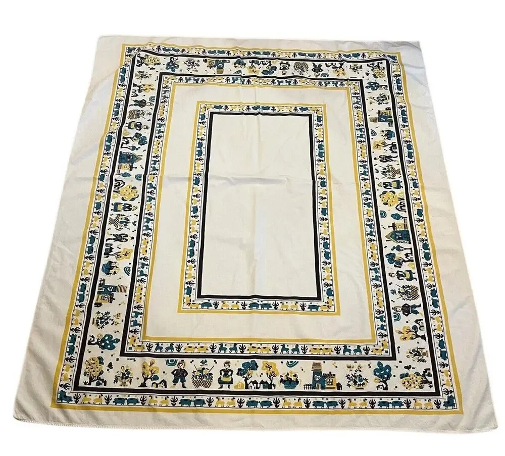 Vtg Tablecloth Folk Art Yellow Brown Aqua 49 X 57” Sheep Pigs Farmers